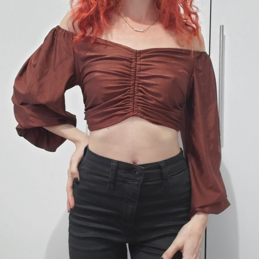 Brown puffy sleeve crop top